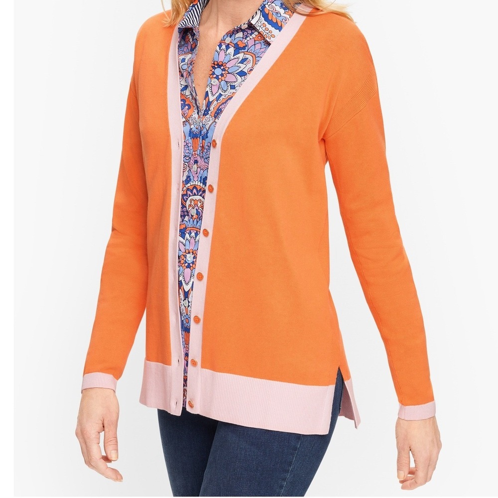 Talbots Women's Girlfriend Colorblock Cardigan Orange Pink NWT M Spring Light